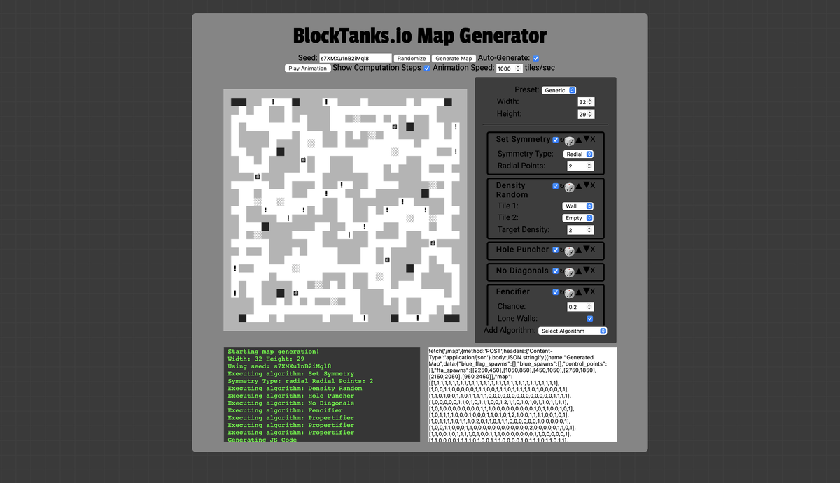 Generated BlockTanks map with a configurable generation pipeline and code export.