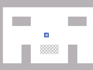 TI-84 prototype showing a blue tank, walls, and fences on a scrolling tile map.
