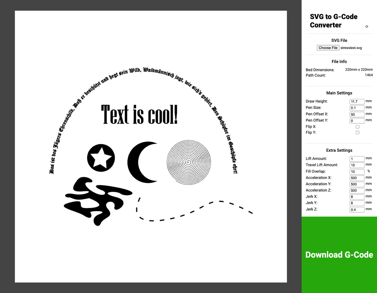 SVG-to-G-code interface with a text and shape test pattern beside pen settings.